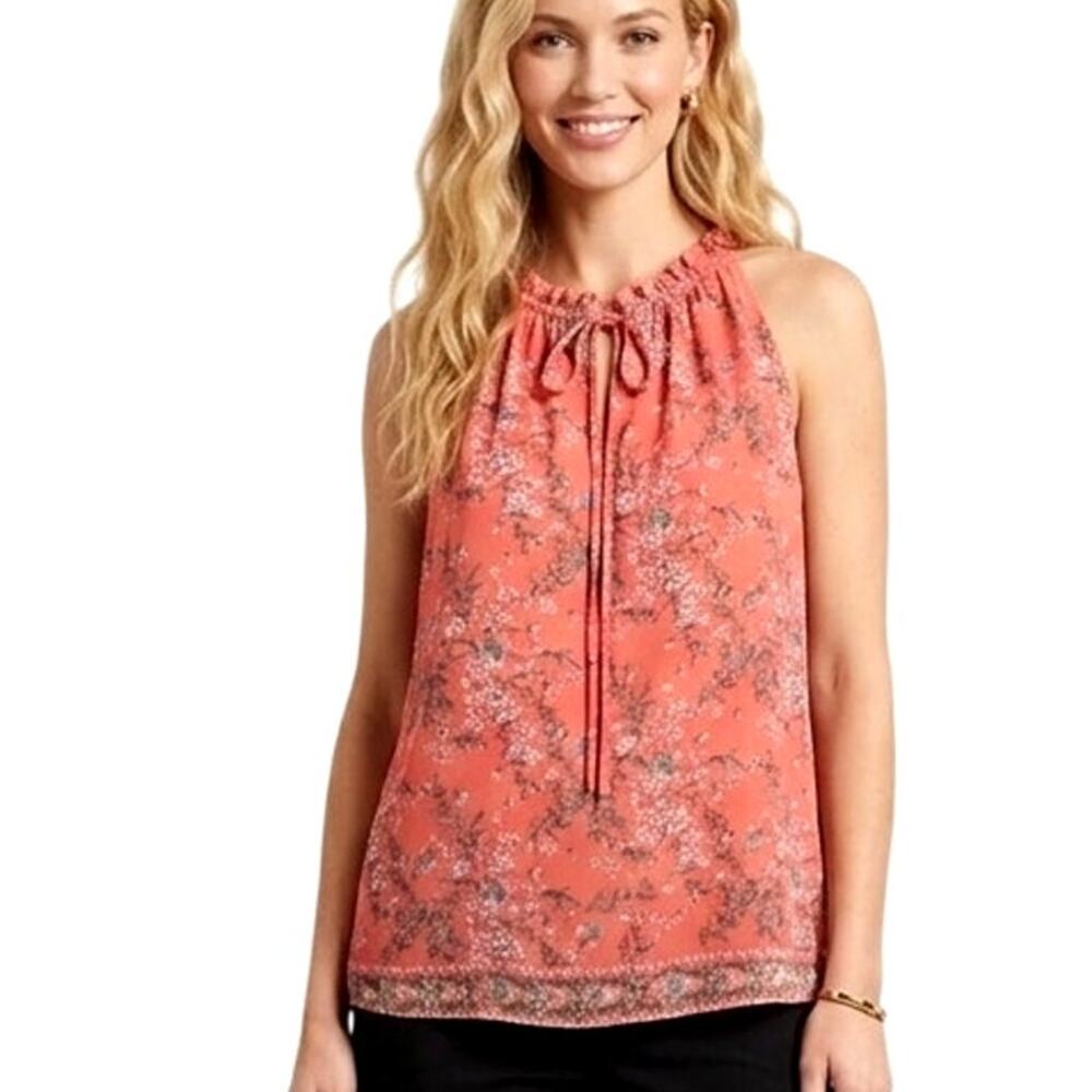 Max Studio Floral Top Womens Size 1X Pale Orange Coral Sleeveless Ruffled Tank